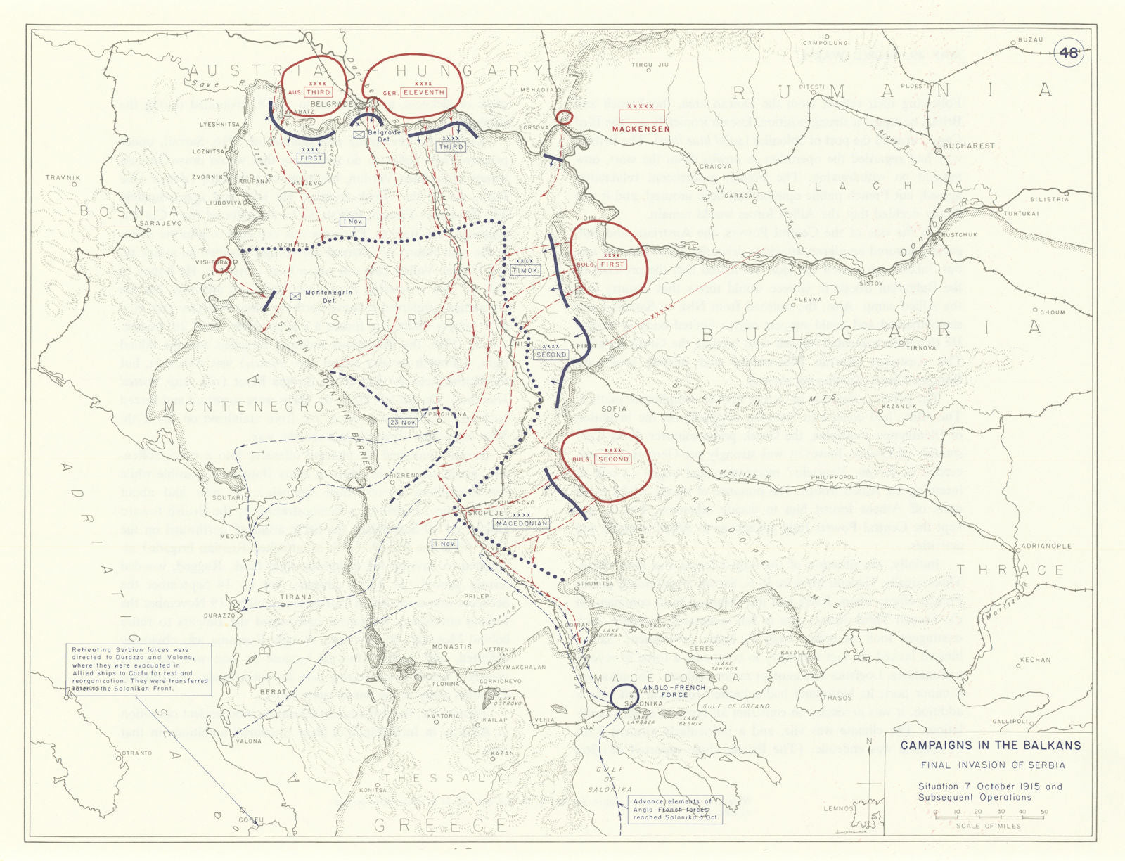 World War 1. Balkans Campaign. 7 October 1915. Final Invasion of Serbia 1959 map